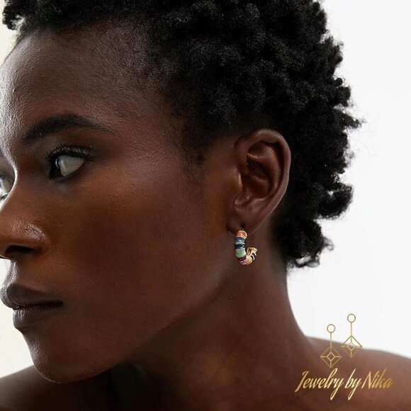 NEW 14K Yellow Gold Multicolor Enameluxe Boho Unique Hoop Luxury Stud Earrings - Picture 9 of 15